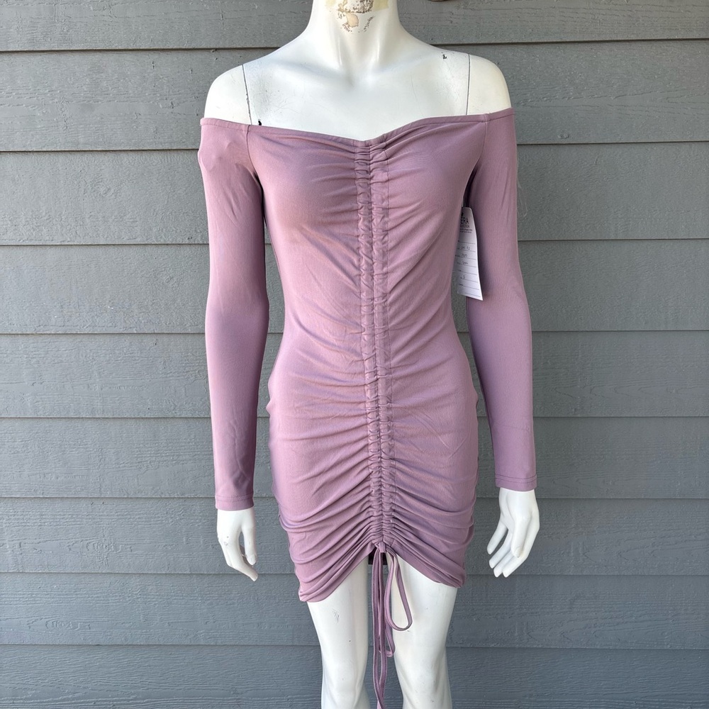 Hera Collection Off-Shoulder Ruched Dress in Mauve